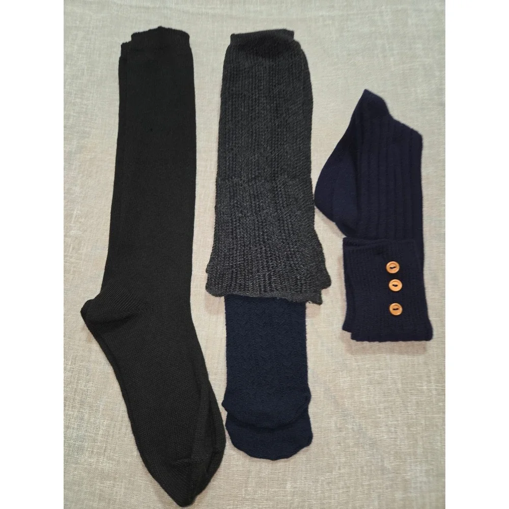 Womens Knit Sock Bundle Black Over Knee Navy Cable Knee High Ribbed Leg Warmers